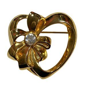 Avon Gold Tone Heart and Flower Brooch Pin With Rhinestone Accent